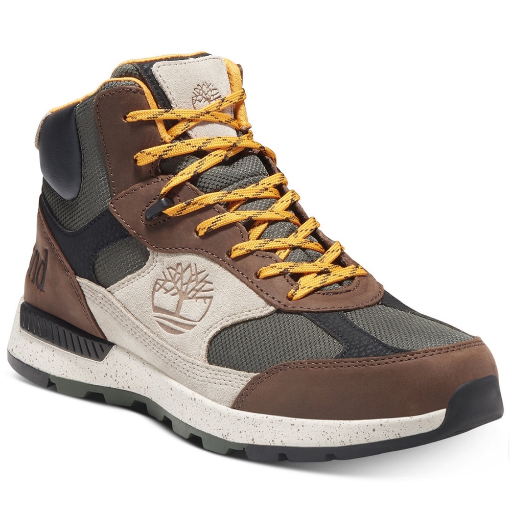 NIB Timberland Brown, Olive & Cream High-Top Hiking Boots with Yellow Laces